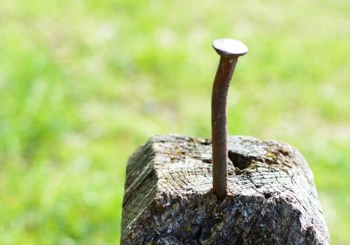 rusty nail sticking out of a piece of wood